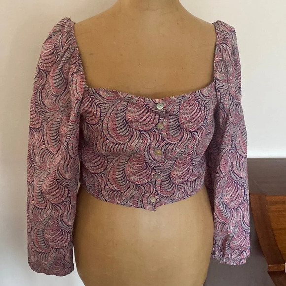 Maria de La Orden sz L crop puff sleeve button front blouse excellent pre owned - Picture 2 of 8